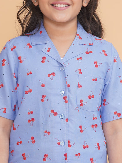 Girls Printed Blue Shirt and Shorts Night Suit With Slip Ons
