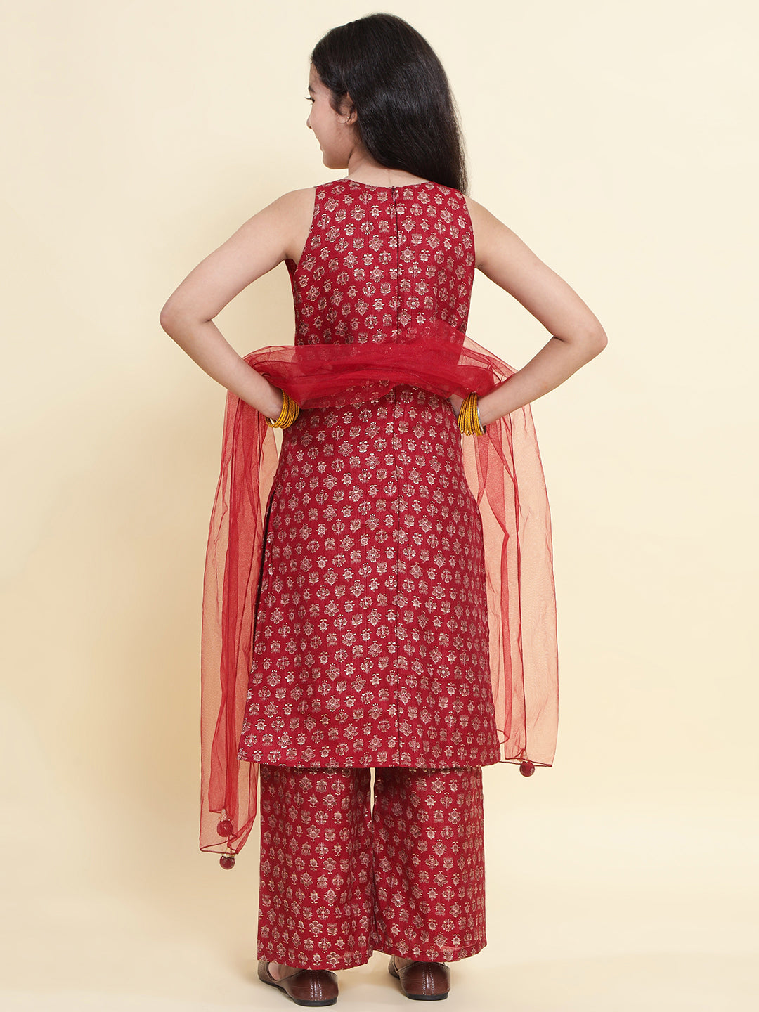 PICCOLO  Printed Kurti & Palazzo with Dupatta-Maroon