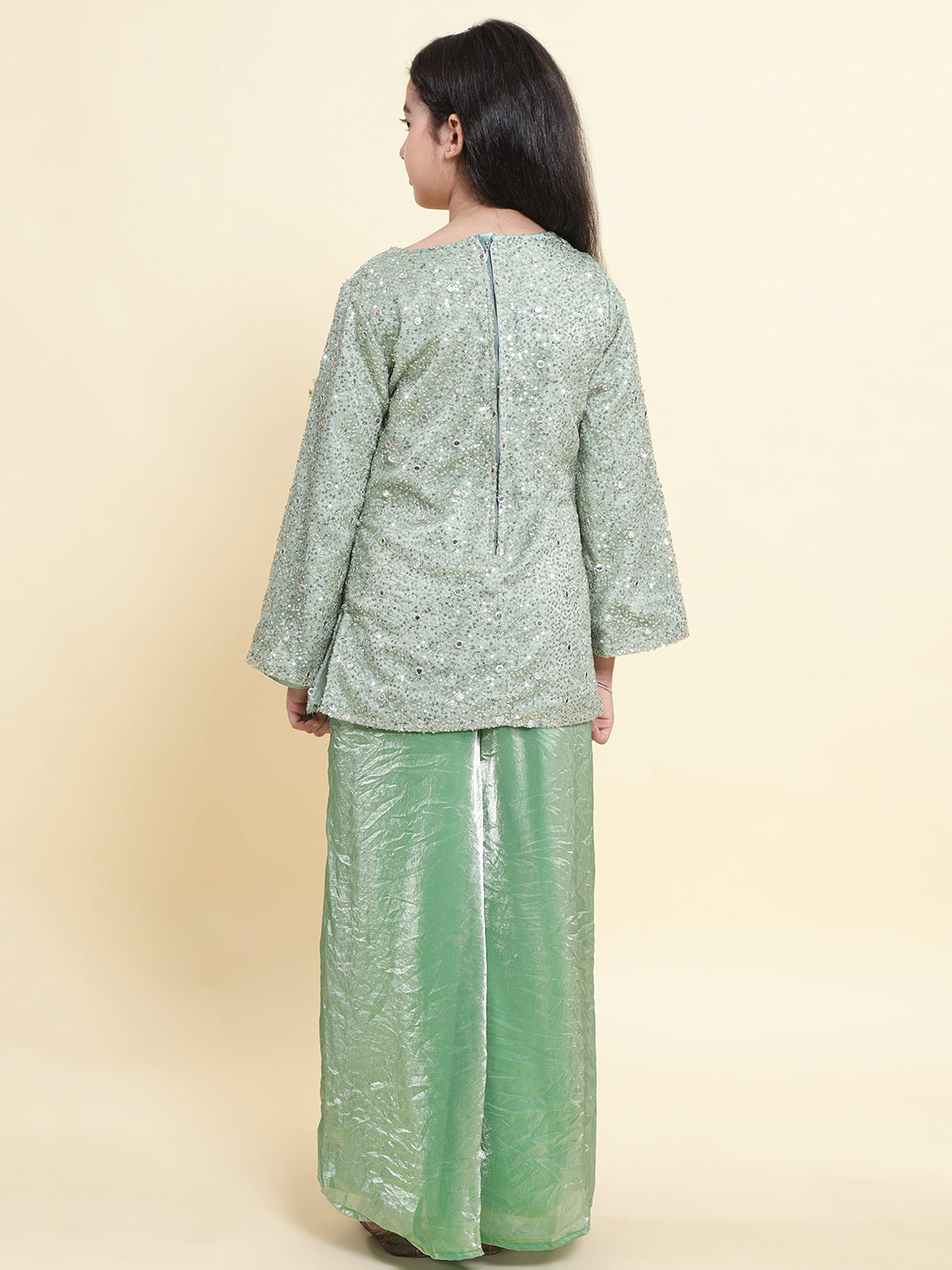 PICCOLO Green Sequined Flared Sleeve Kurti with Palazzo