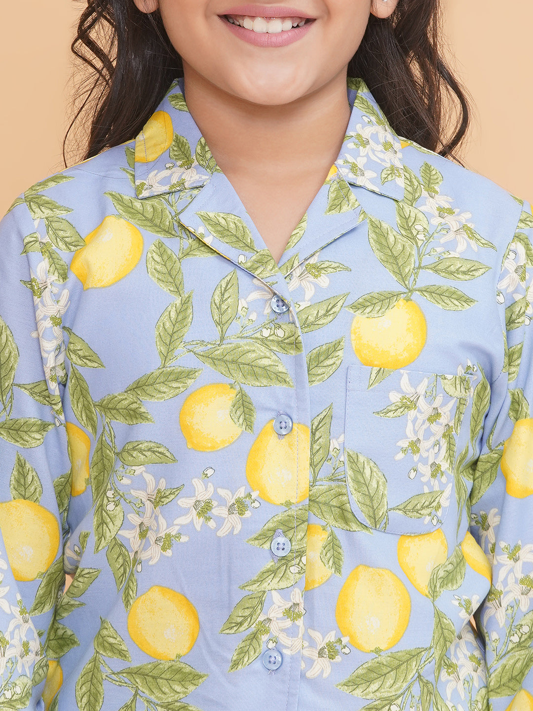 Girls Blue Cotton Floral Full Sleeves Pyjama Set With Slip Ons