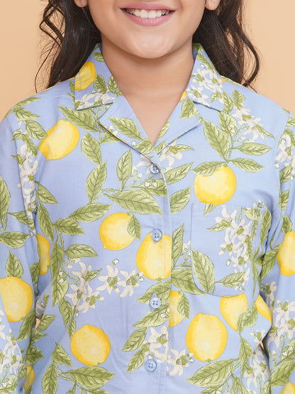 Girls Floral Blue Shirt And Pyjamas With Flip Flops