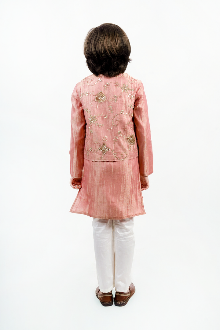 Piccolo Boys Embroidered Nehru Jacket Kurta & Payjama Set-Peach
