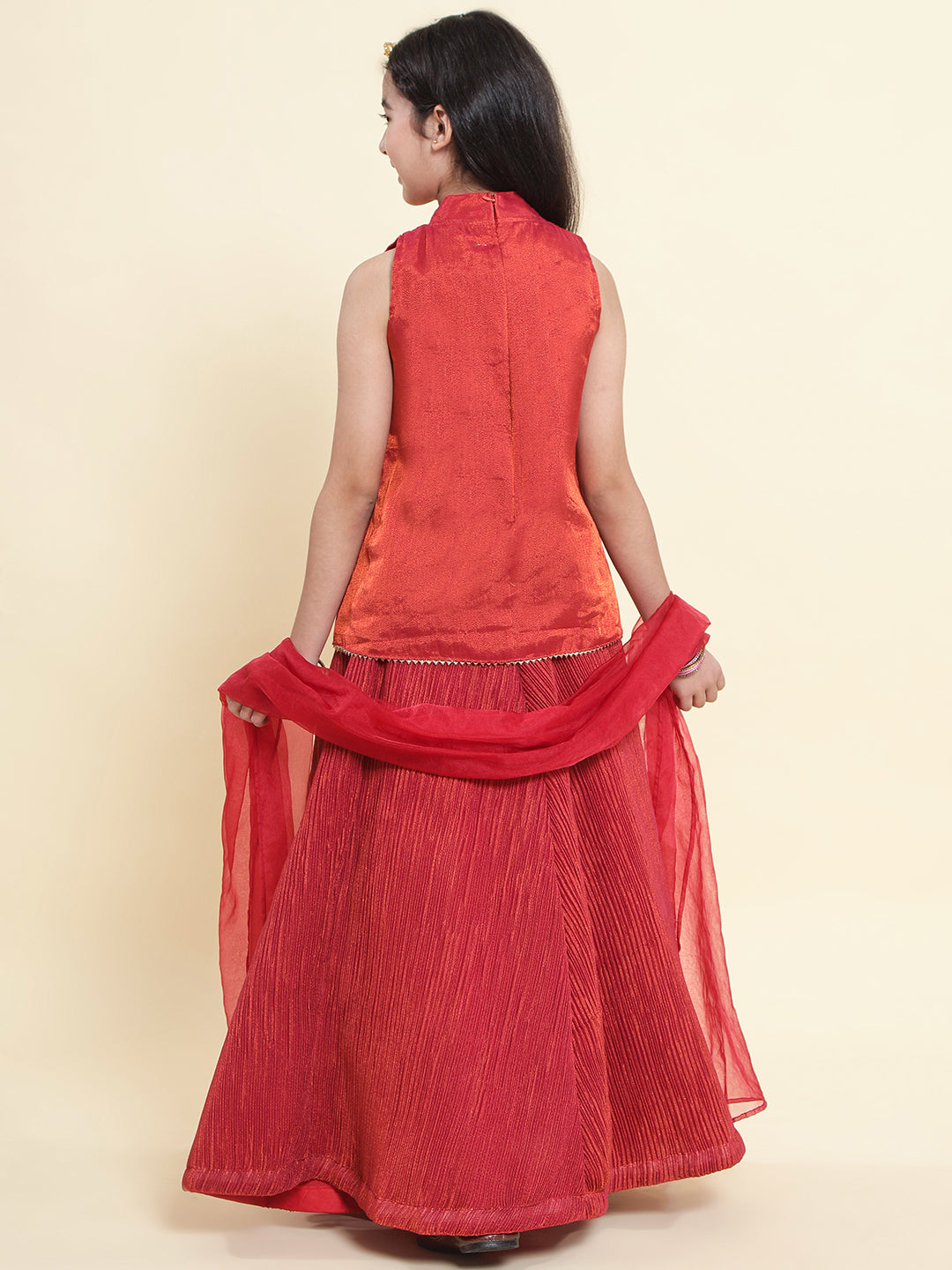 PICCOLO Tissue Silk Handwork Choli with Pleated Lehenga & Organza Dupatta Set-Rust