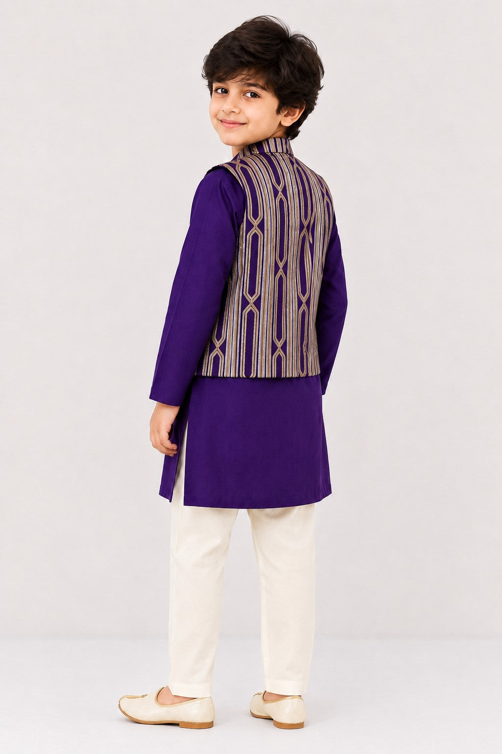 Piccolo Embellished Silk Jacket, Kurta & Pyjama Set – Purple
