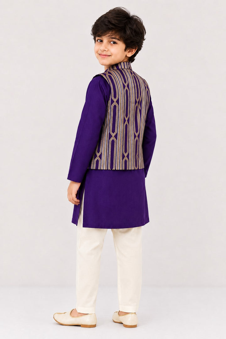 Piccolo Silk Gota Stripe Nehru Jacket,Kurta & Pyjama Set – Purple