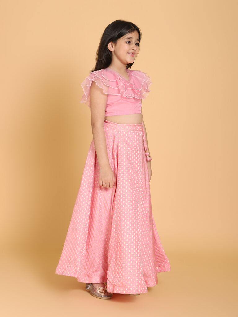 Girls Pink &amp; Gold-Toned Ready to Wear Lehenga &amp; Blouse Set