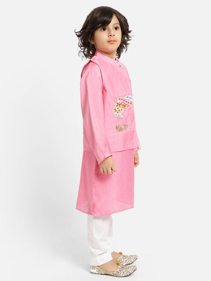 Piccolo Boy's Pink Kurta ,Waist Coat with handwork And White Pyjama set