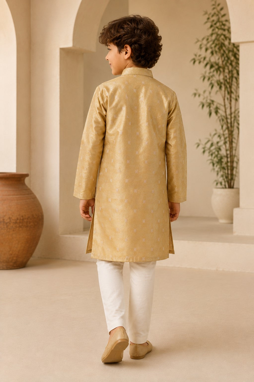 Piccolo Banarasi Silk Zari work Kurta With Applique & Pyjama Set – Golden