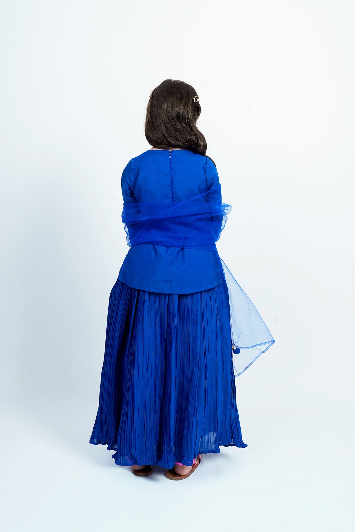 Piccolo Embellished Top, Pleated Lehenga & Net Dupatta Set-Royal Blue