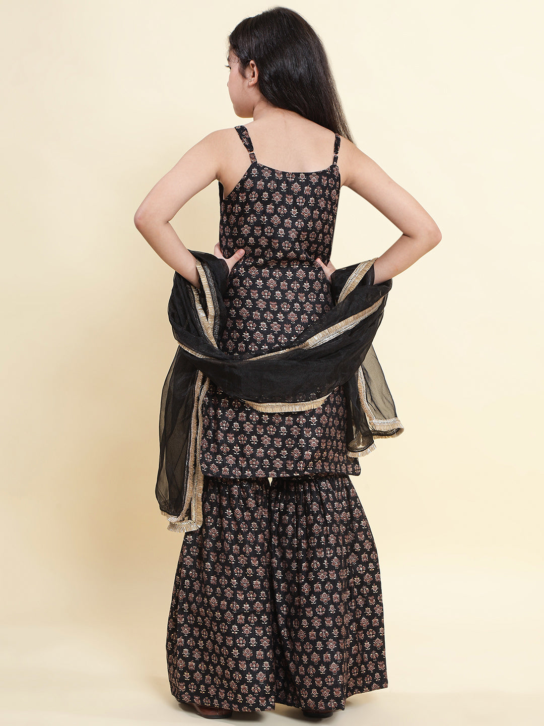 PICCOLO All Over Printed Kurti & Sharara with Dupatta-Black