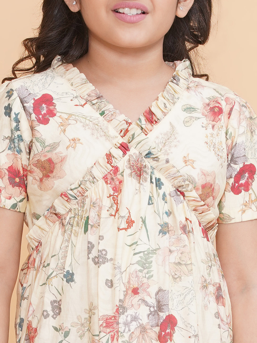 PICCOLO Floral Ruffled Neck Dress- cream