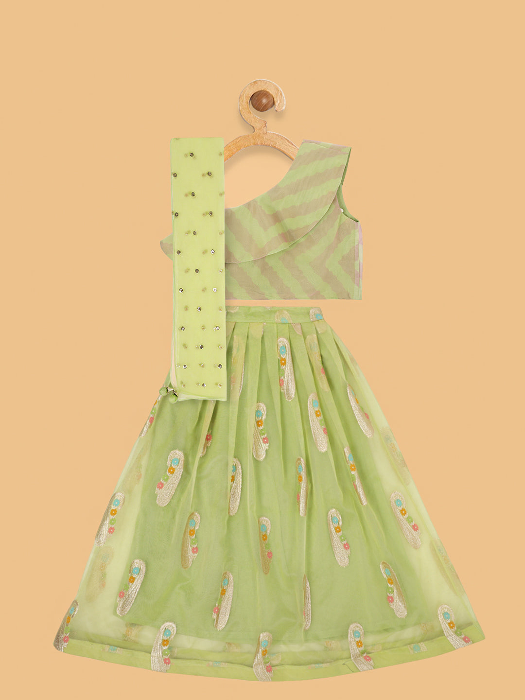 Girls Green &amp; Gold-Toned Ready To Wear Lehenga &amp; Blouse With Dupatta set