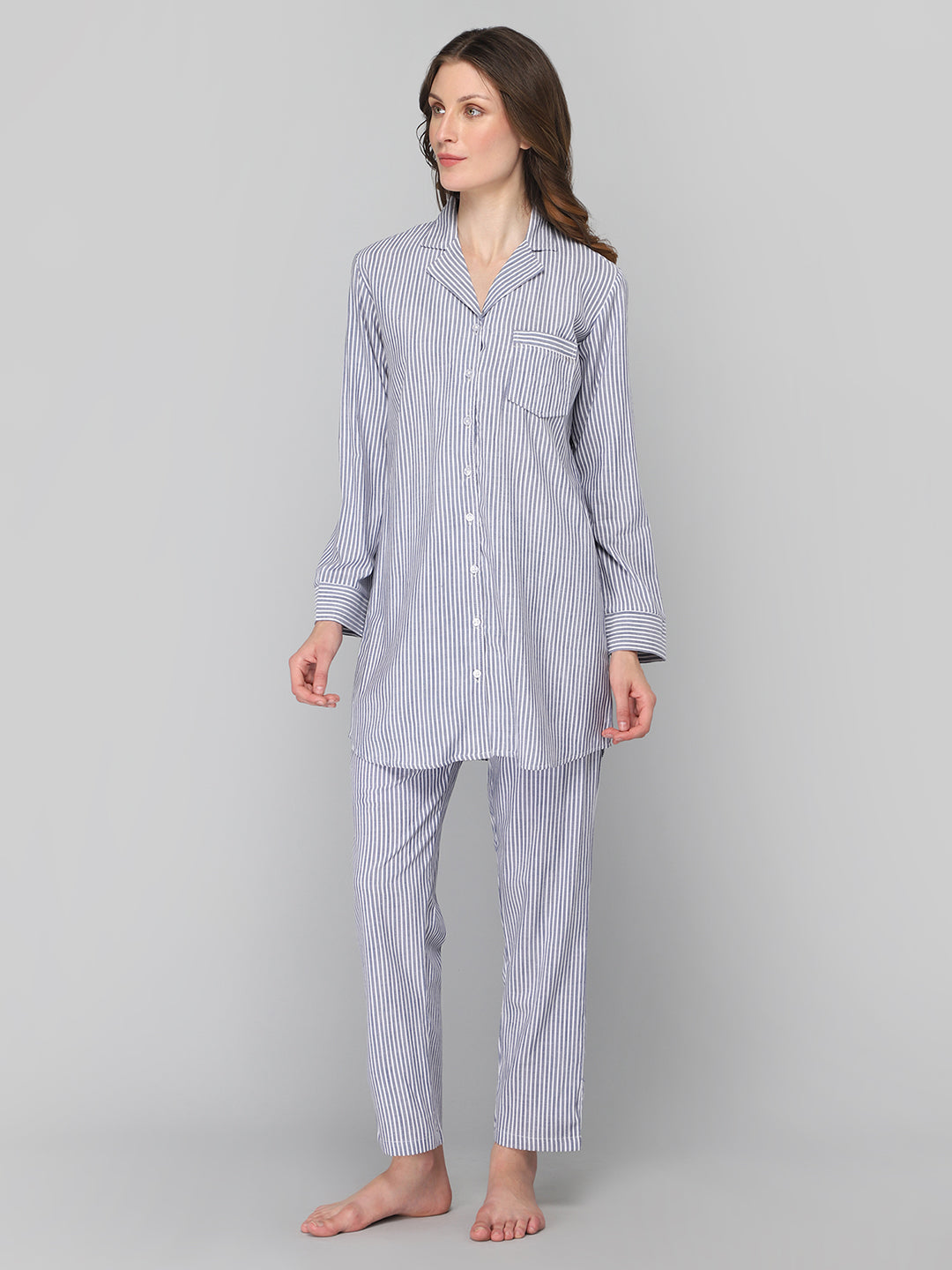 DRAPE IN VOGUE Women Grey &amp; White Striped Night Suit
