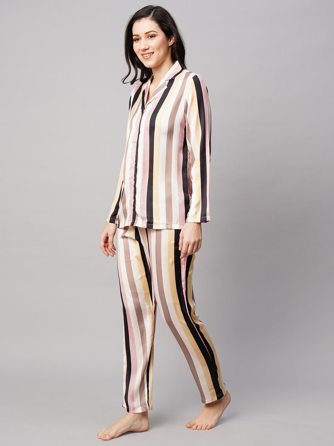Women 2 Pieces Striped Satin Night suit