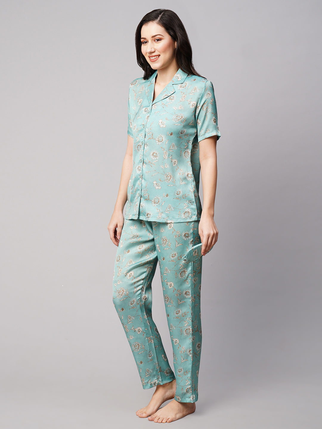 Women 2 Pieces Floral Printed Satin Night suit