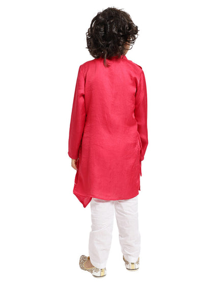 Pink Lehriya Panel Kurta With White Payjama Set