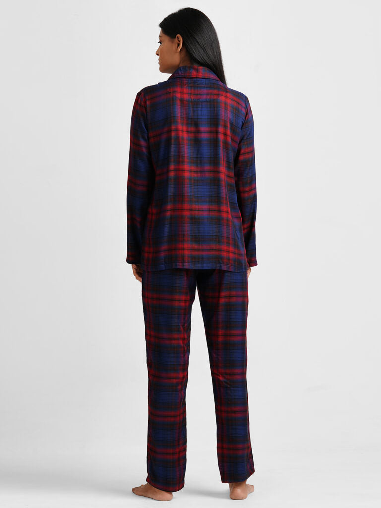 Women Red &amp; Blue Checked Night suit