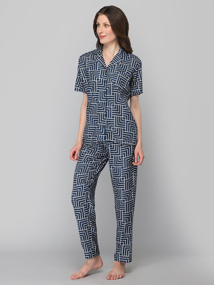 DRAPE IN VOGUE Women Navy Blue &amp; White Printed Night suit