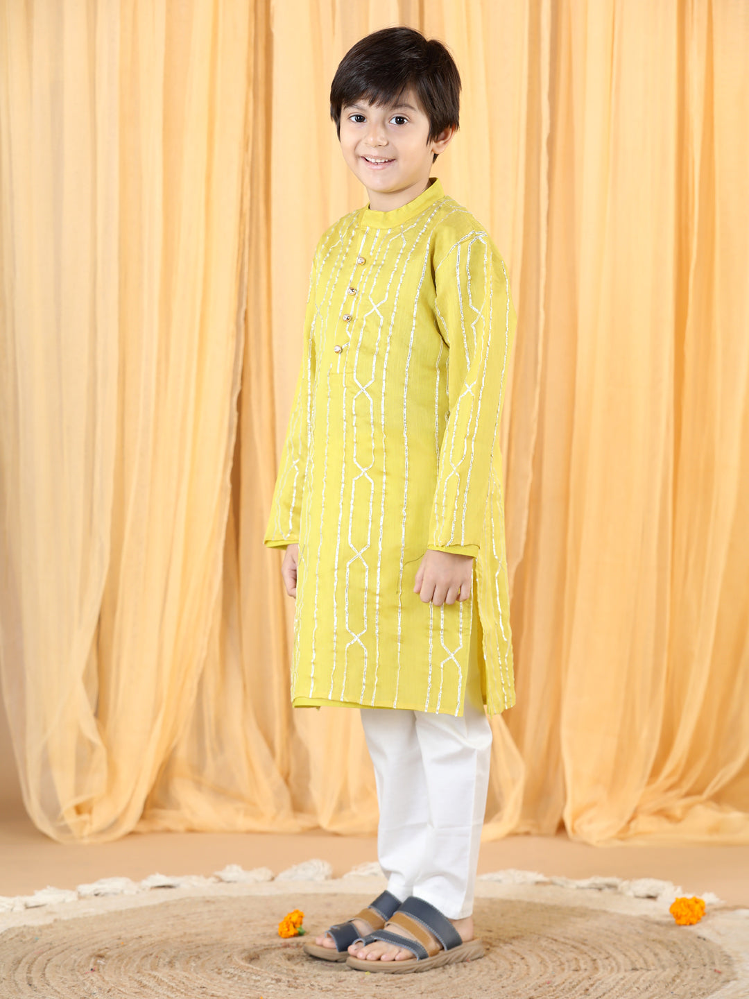 Piccolo Boy's Yellow Gota Lining Kurta Pyjama Set