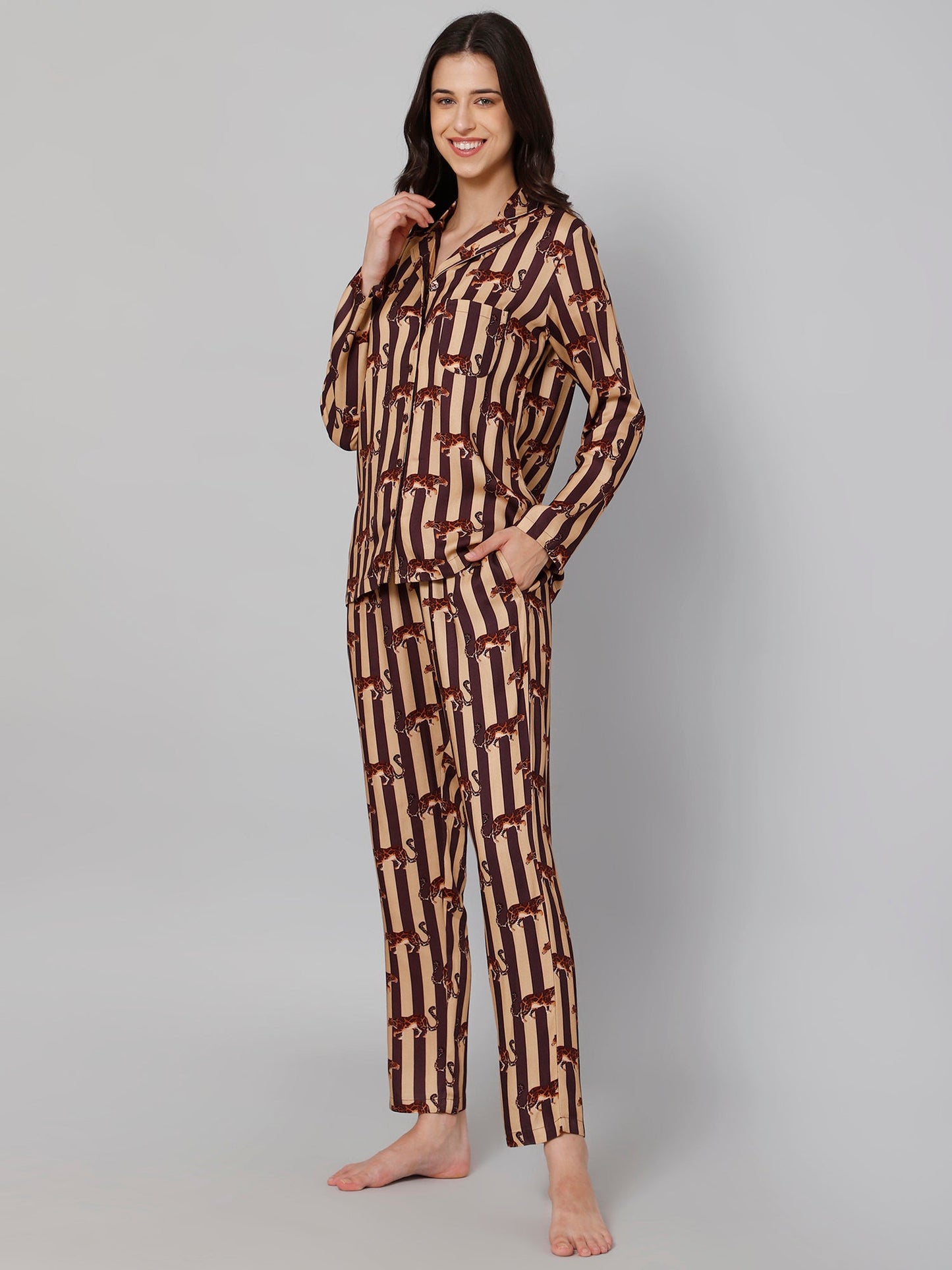 Women Brown &amp; Beige Striped Night suit