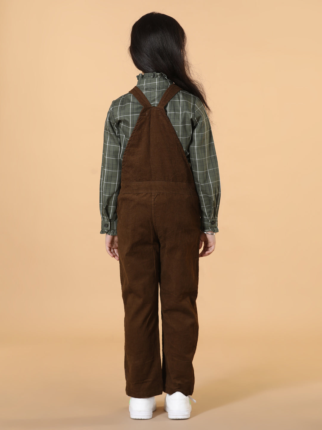 Girls Checked Top with Corduroy Dungaree Set
