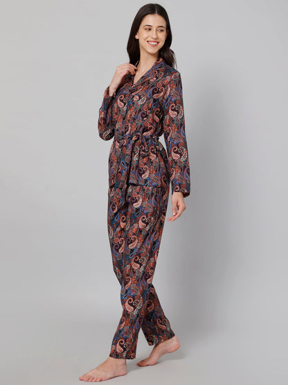 Women Black &amp; Blue Printed Night suit