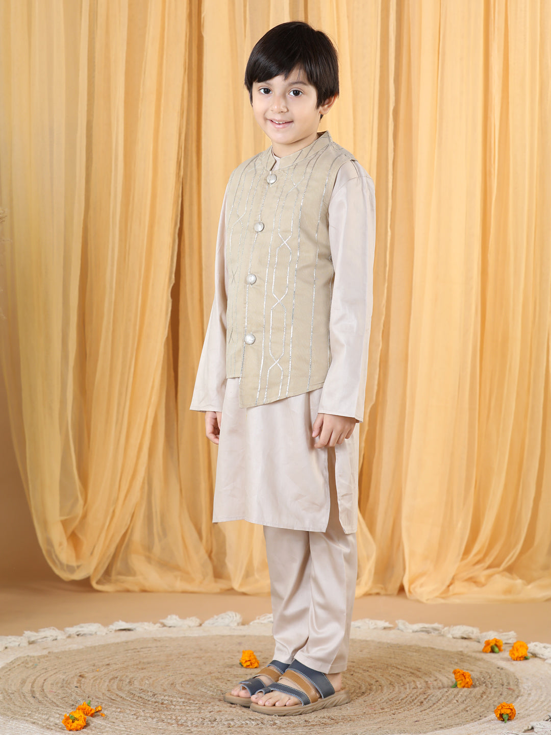 Piccolo Boy's Cream Kurta Pyjama with Gota Lining Jacket