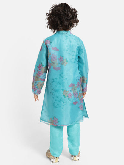 Turquoise Green Floral Kurta Payjama Set