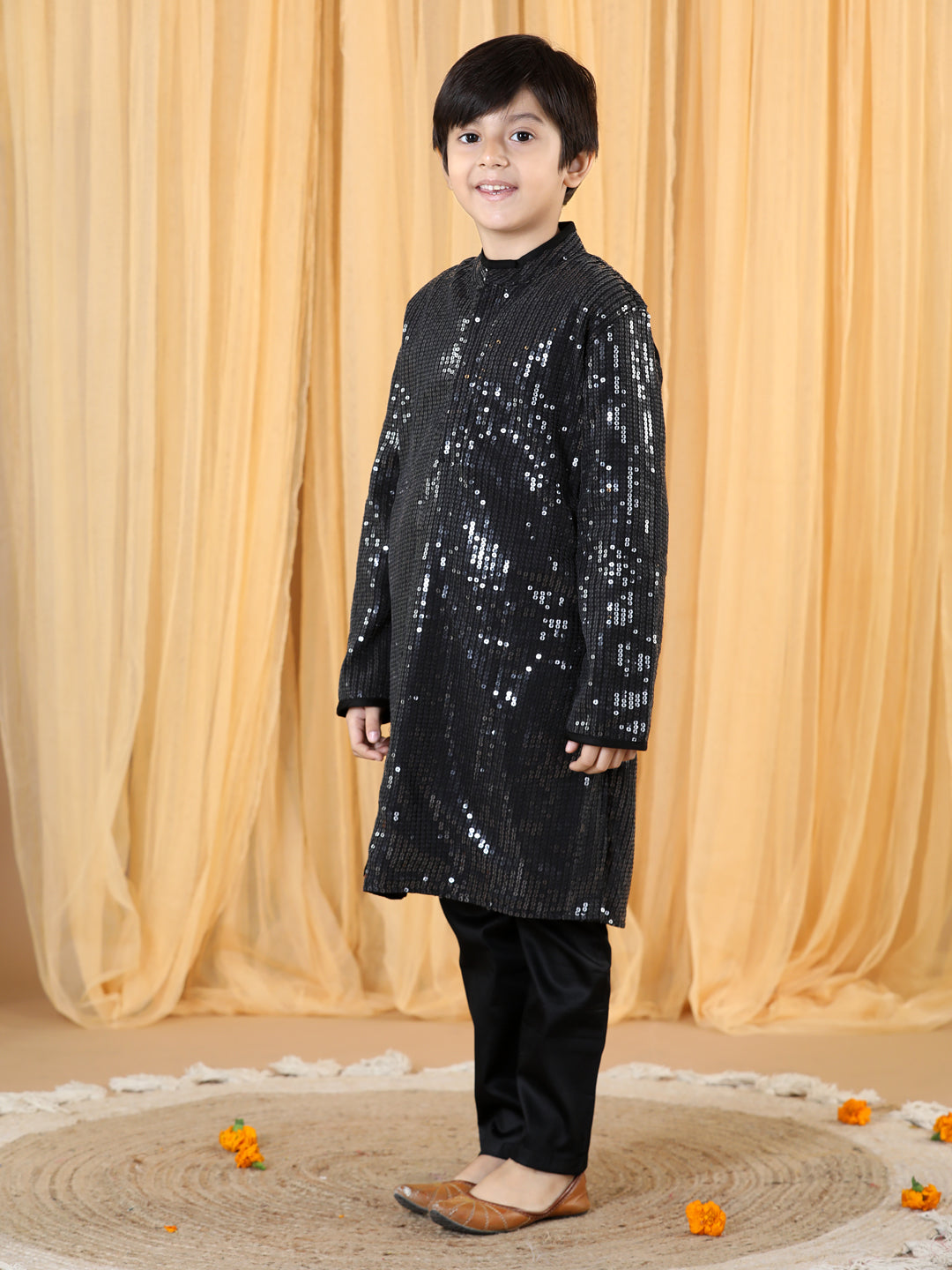 Piccolo Boy's Black Sequence Kurta Pyjama Set