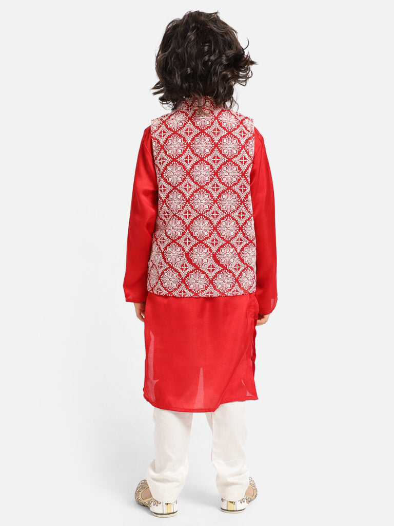 Red Kurta Payjama With Chikankari Asymetric WaistCoat