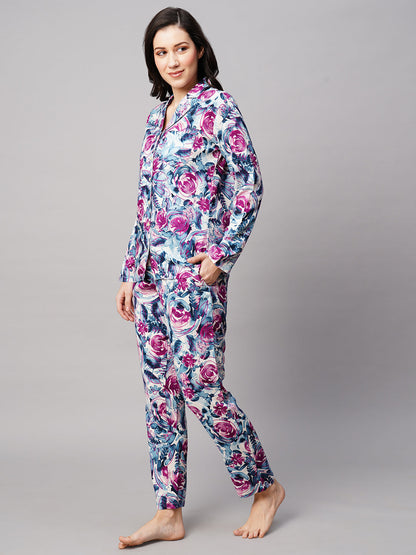Women Floral Printed Lapel Collar 2 Piece Night suit