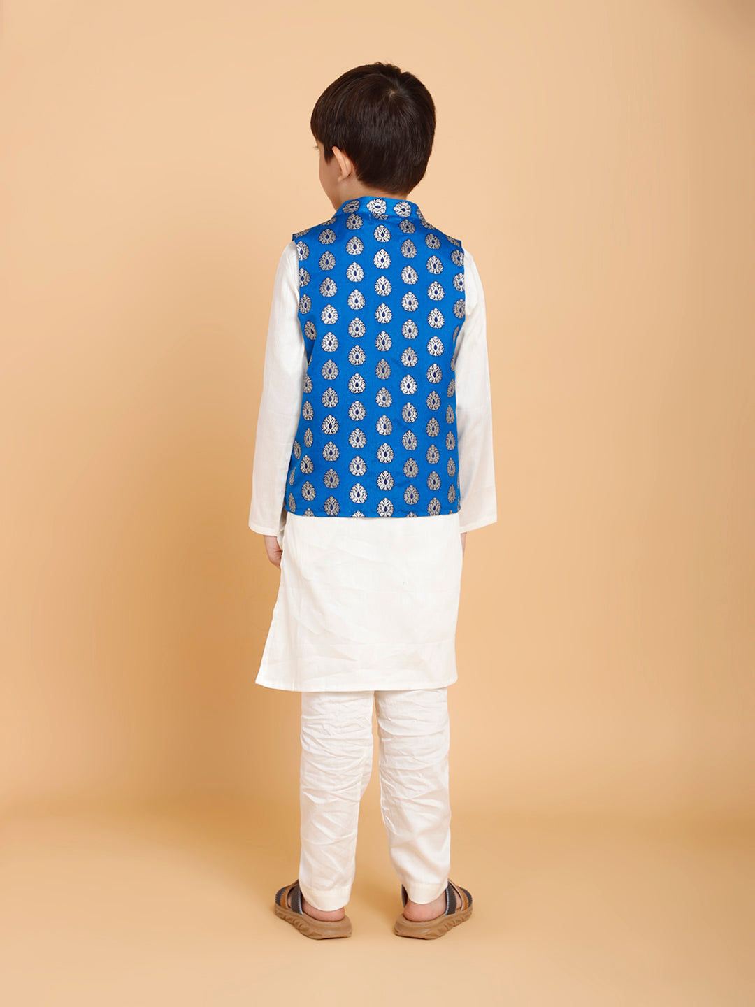 Cream Kurta Pyjama with Blue Jacket Printed (Set of 3)