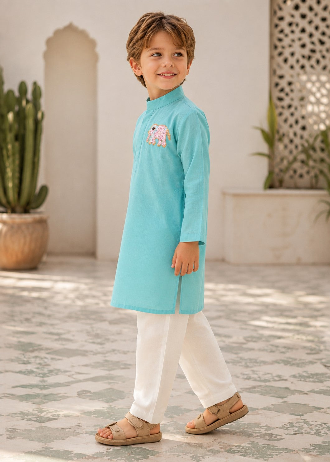 Piccolo Mul Chanderi Elephant Applique Kurta Pyjama Set – Aqua Blue