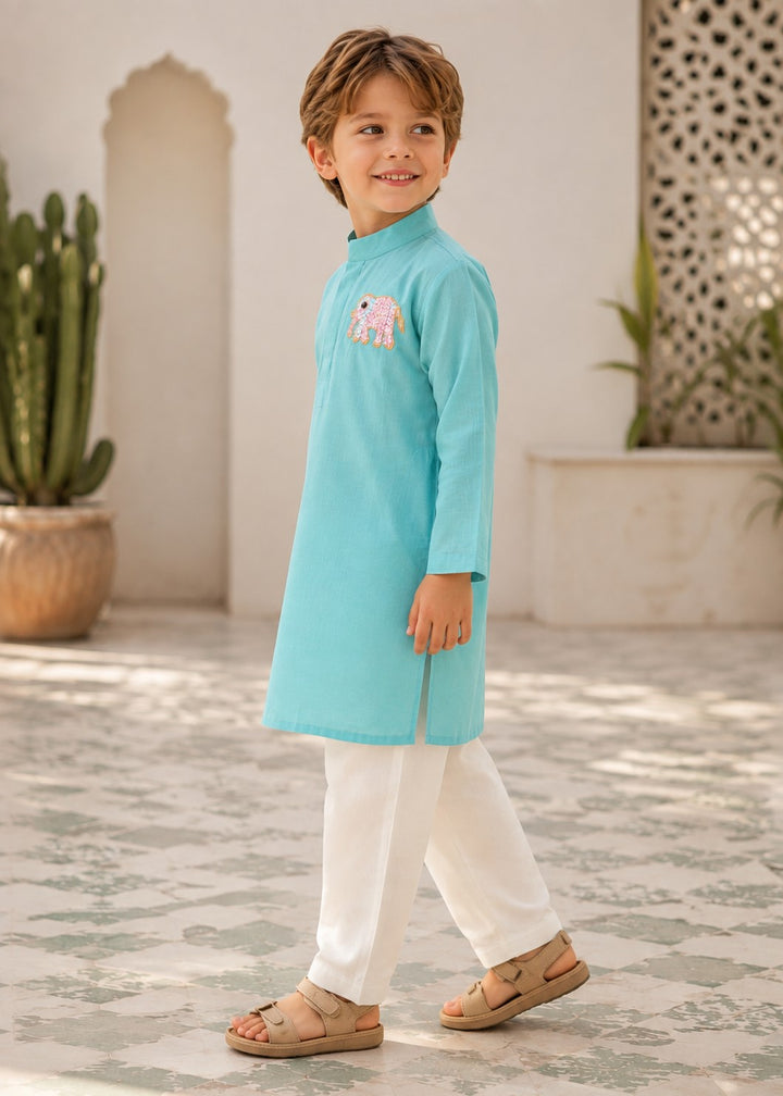 Piccolo Mul Chanderi Elephant Applique Kurta Pyjama Set – Aqua Blue