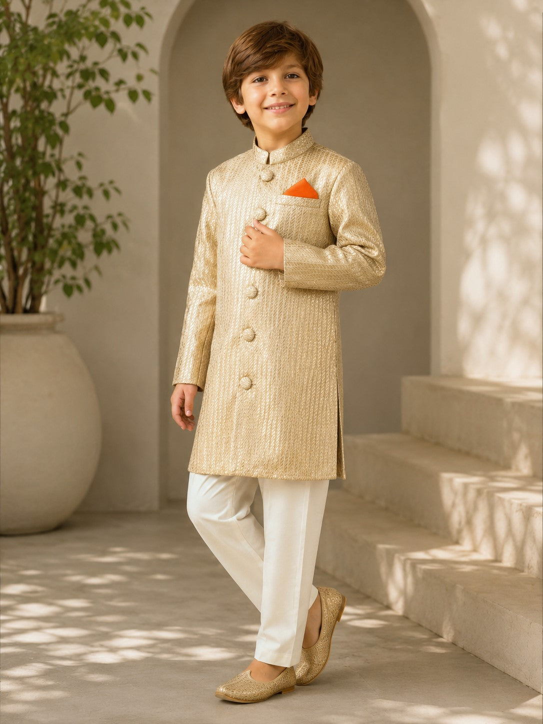 Piccolo Boys Gold Jacquard Sherwani with Payjama  Set