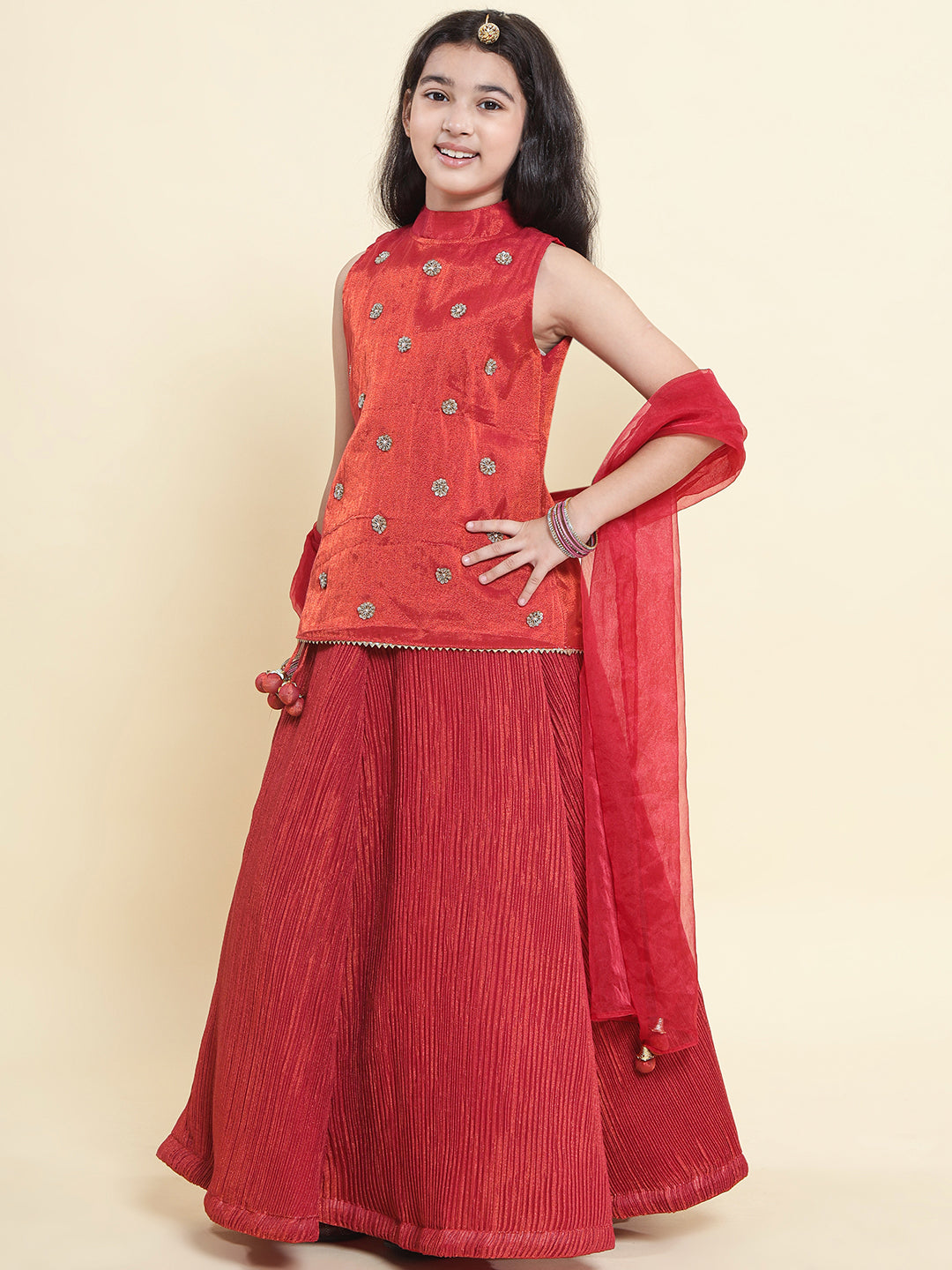 PICCOLO Tissue Silk Handwork Choli with Pleated Lehenga & Organza Dupatta Set-Rust