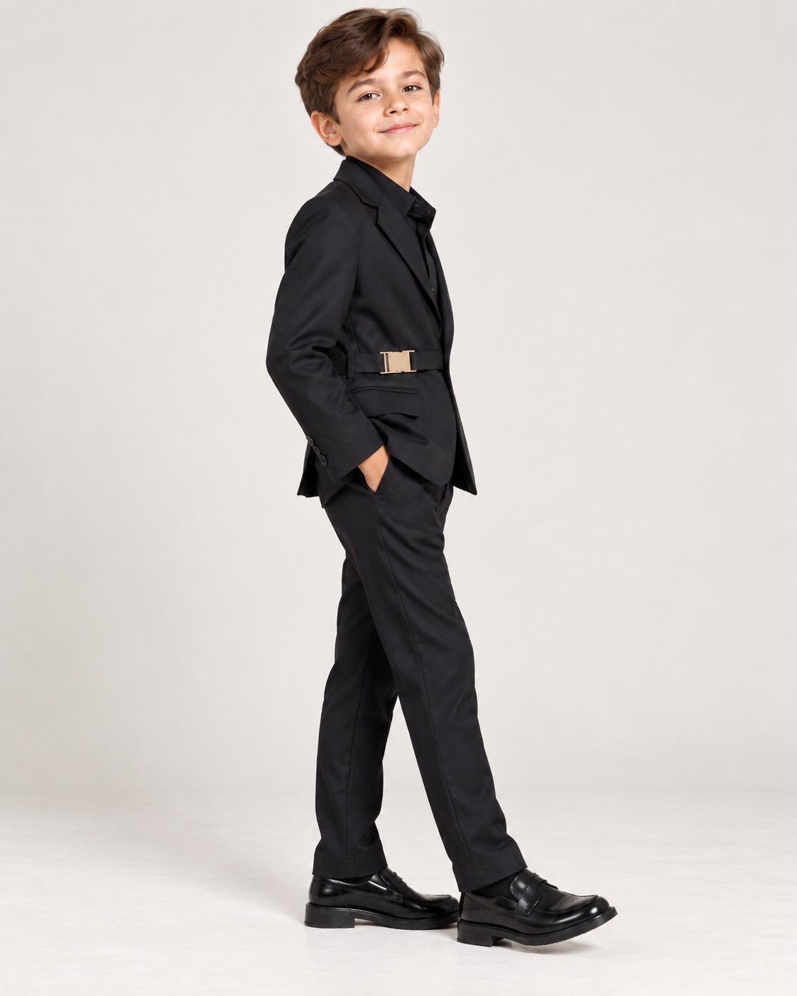 Piccolo-Boys Three-Piece Stylish Solid Party Wear Blazer Suit Set With Belt-Black