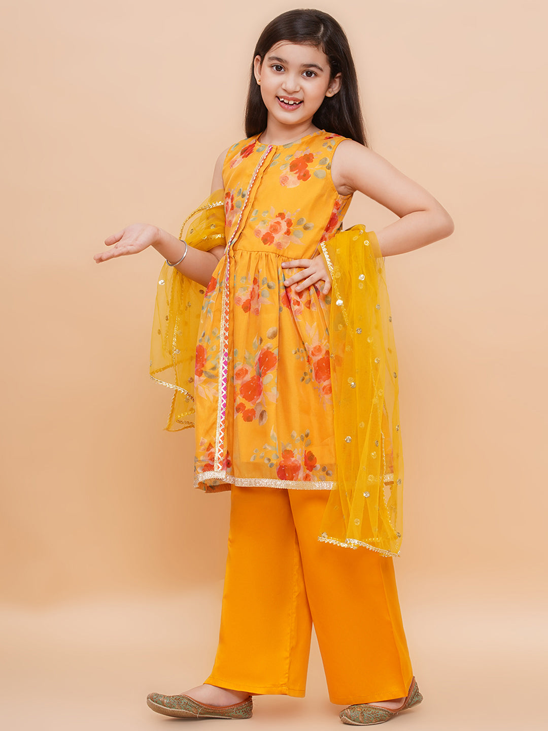 Girls Yellow Floral Organza Kurta And Palazzo Set With Dupatta
