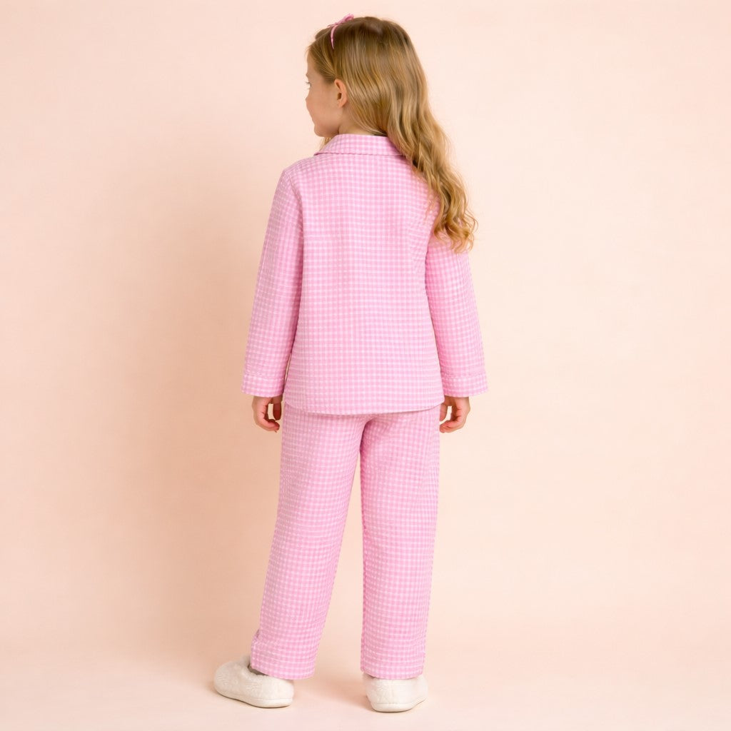 Piccolo Girls Seersucker Checkered Night Suit with Bow Applique- Pink