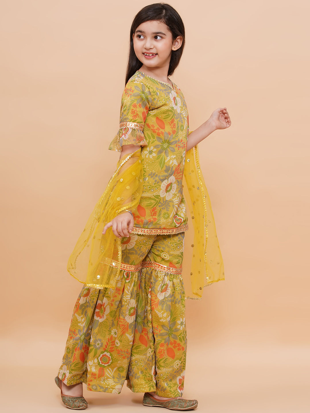 Girls Yellow Floral Motif Chiffon Kurta And Sharara Set With Dupatta