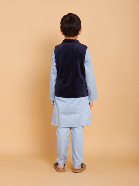 Boys Light Blue Kurta Pyjama with Velvet Jacket (Set of 3)