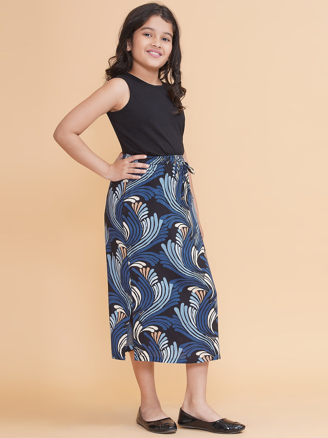 Girls Abstract Printed Skirt with Side Slits and Tank Top Set