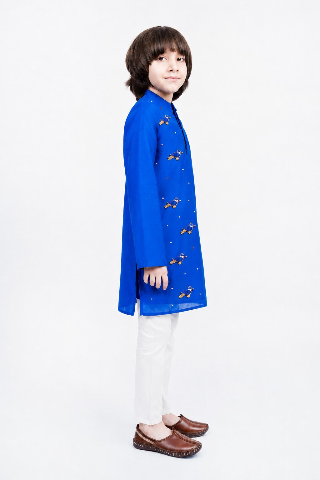 Piccolo Boys Royal Blue Bird Appliqué Kurta and White Payjama Set