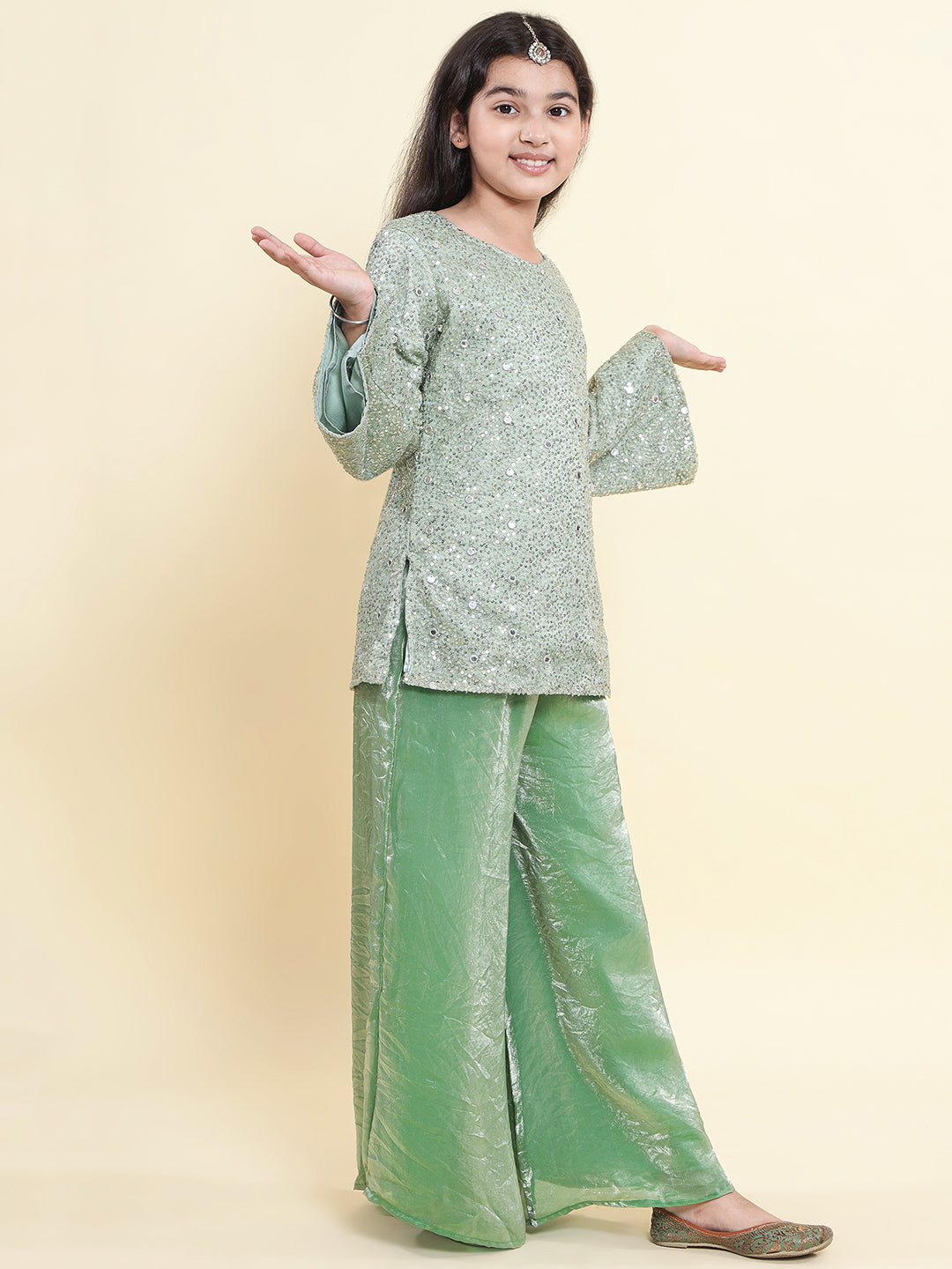 PICCOLO Green Sequined Flared Sleeve Kurti with Palazzo