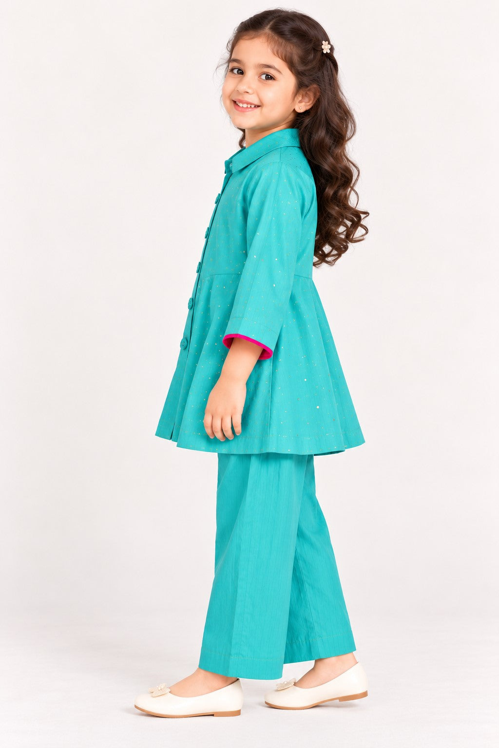 Piccolo  Mal Chanderi Mukaish Work Kurta With Pant Set - Turquoise Green