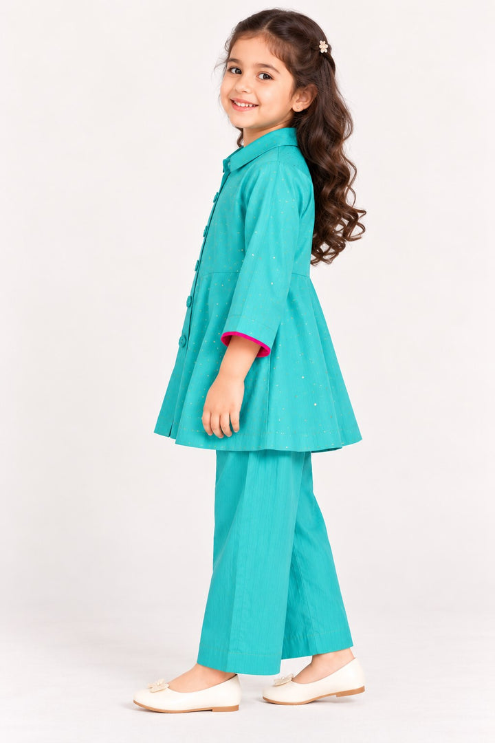 Piccolo  Mal Chanderi Mukaish Work Kurta With Pant Set - Turquoise Green