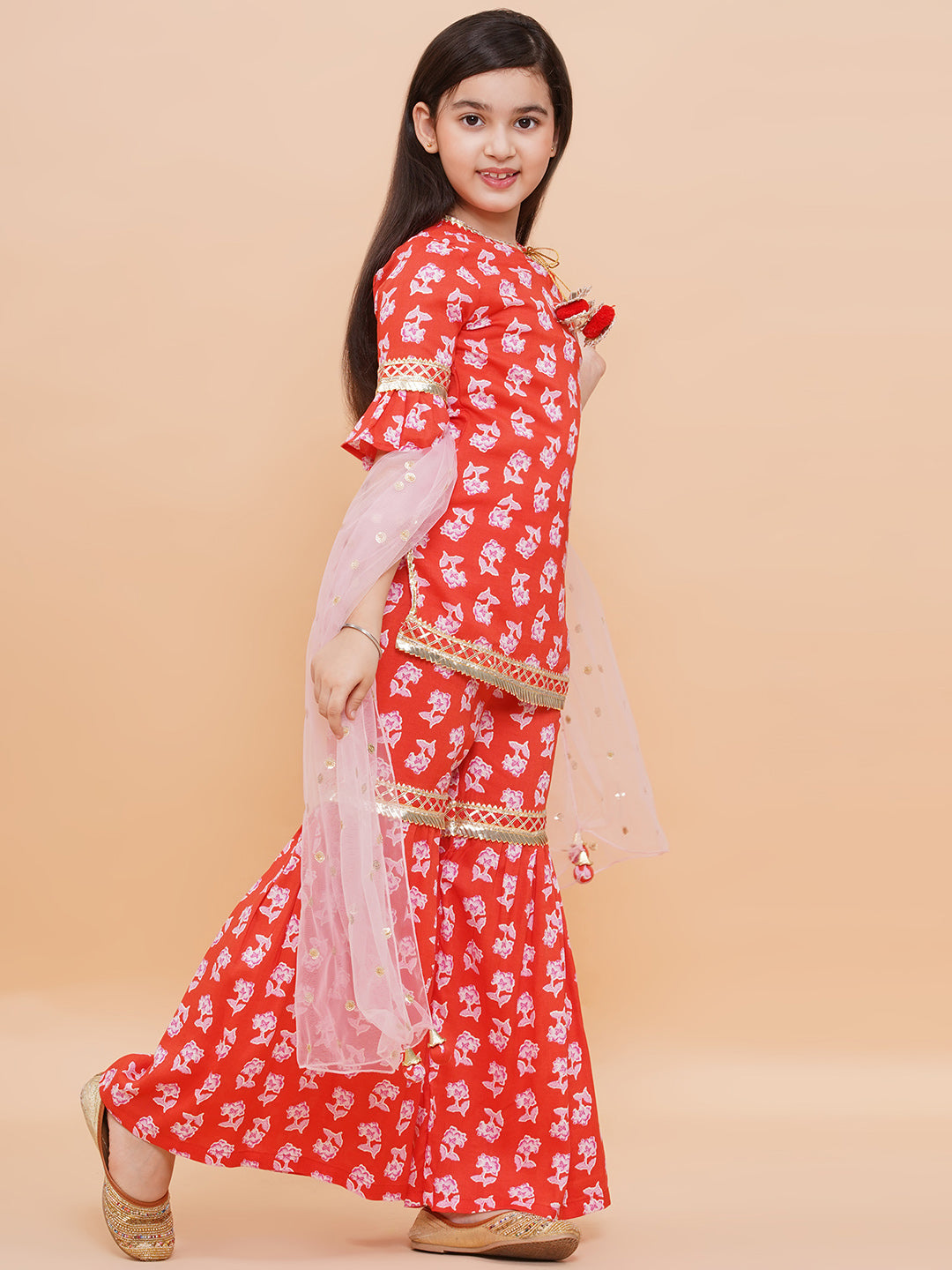 Girls Red Floral Rayon Kurta And Sharara Set With Dupatta