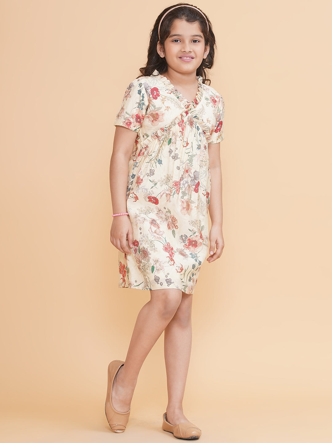 PICCOLO Floral Ruffled Neck Dress- cream