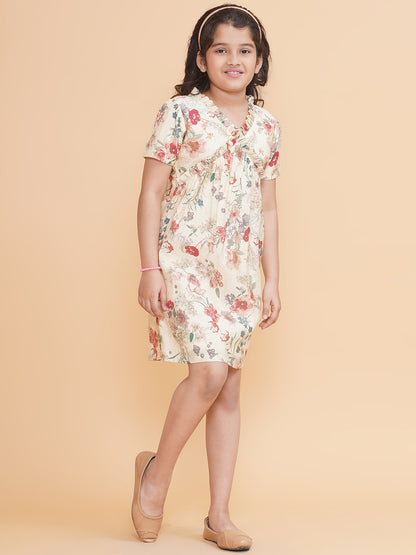 PICCOLO Floral Ruffled Neck Dress- cream