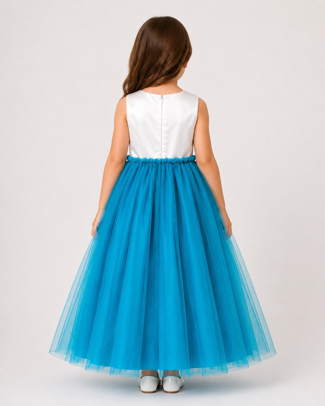 Piccolo Net Floral applique Tulle Party Gown-Turquoise
